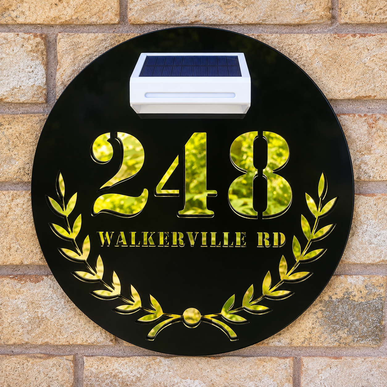 Custom front door address sign with circle and leaf design